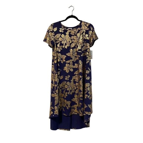 LuLuRoe Womens CARLY Swing Dress Short Sleeve Blue Gold Metallic Hi Lo XS NEW - Picture 2 of 5